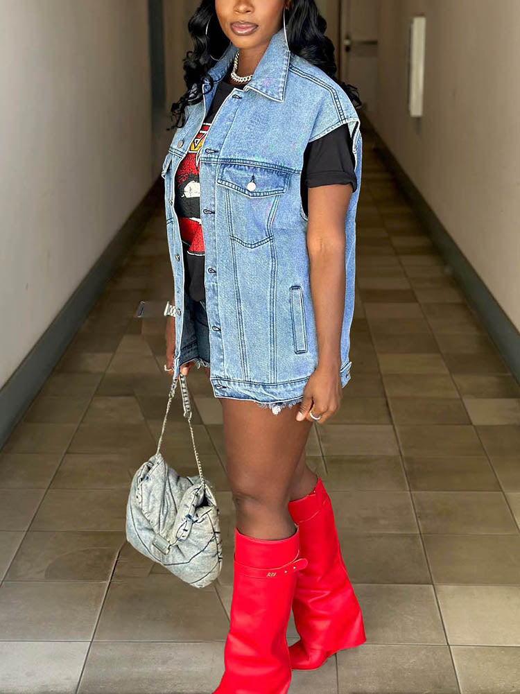 Button Denim Vest Light Blue / M