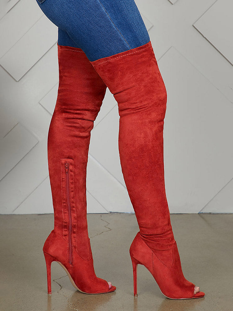 Peep Toe Suede Over Knee Boots Black / 6.5/7