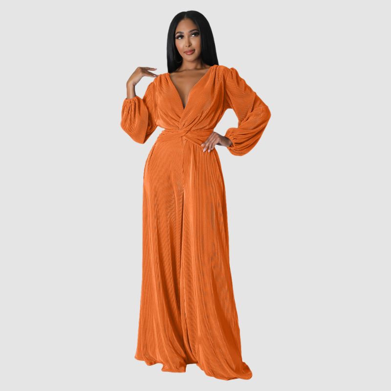 Pleated Long Sleeve Jumpsuits Black / L