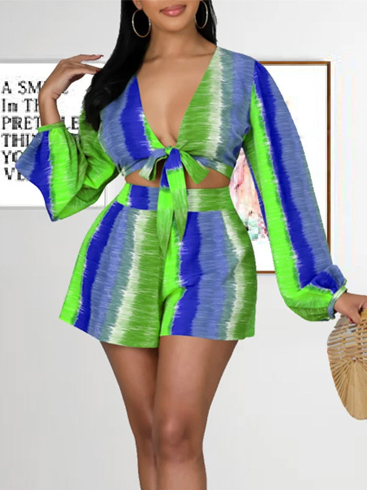 Tie-Up Top Shorts Set Blue Green / L