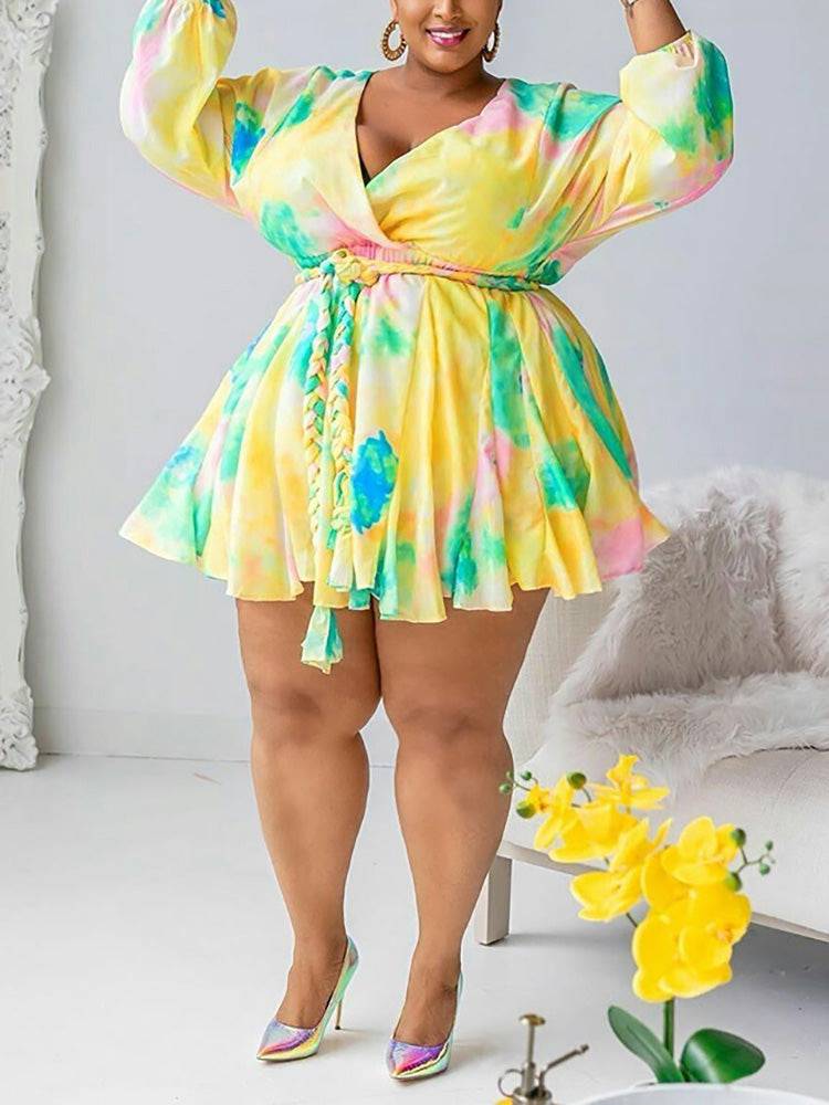 Women's Tie Dye With Belt V Neck Dress Yellow / M