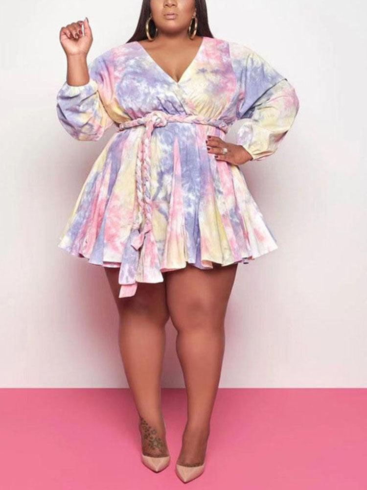 Women's Tie Dye With Belt V Neck Dress Pink / 2XL