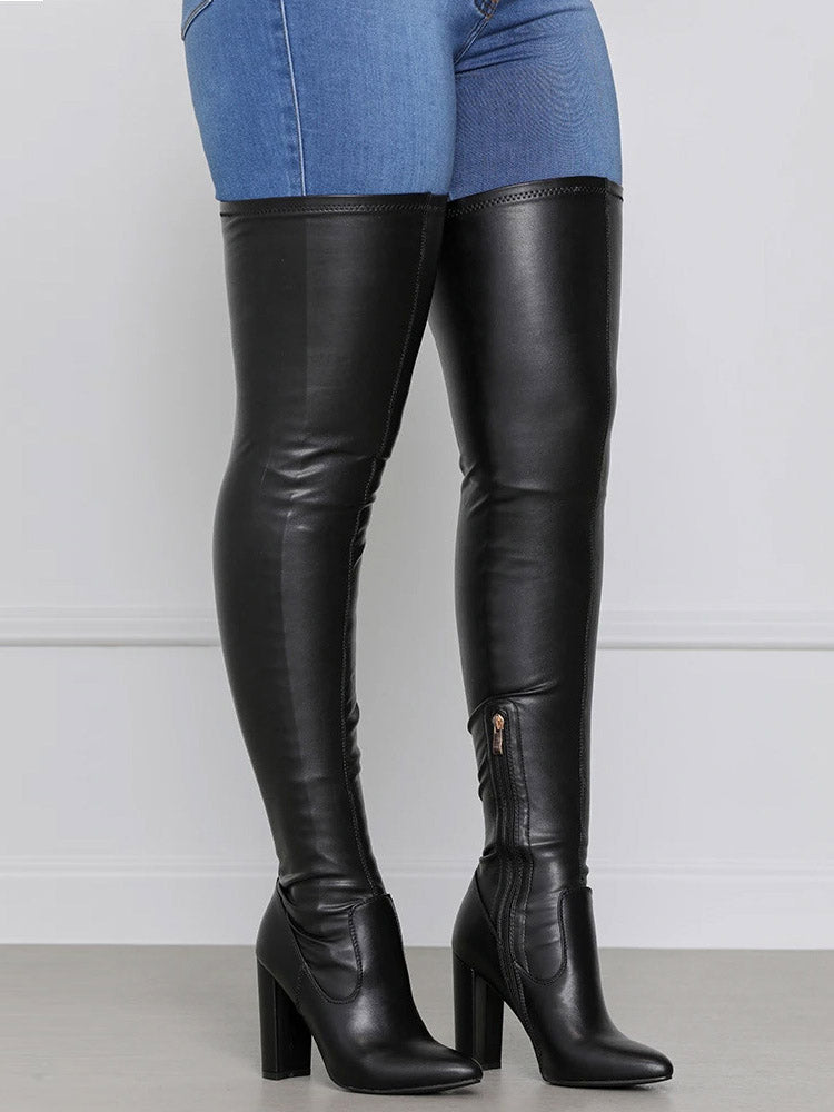 PU Leather Flat Over Knee Boots Chunky Heel / 7.5/8