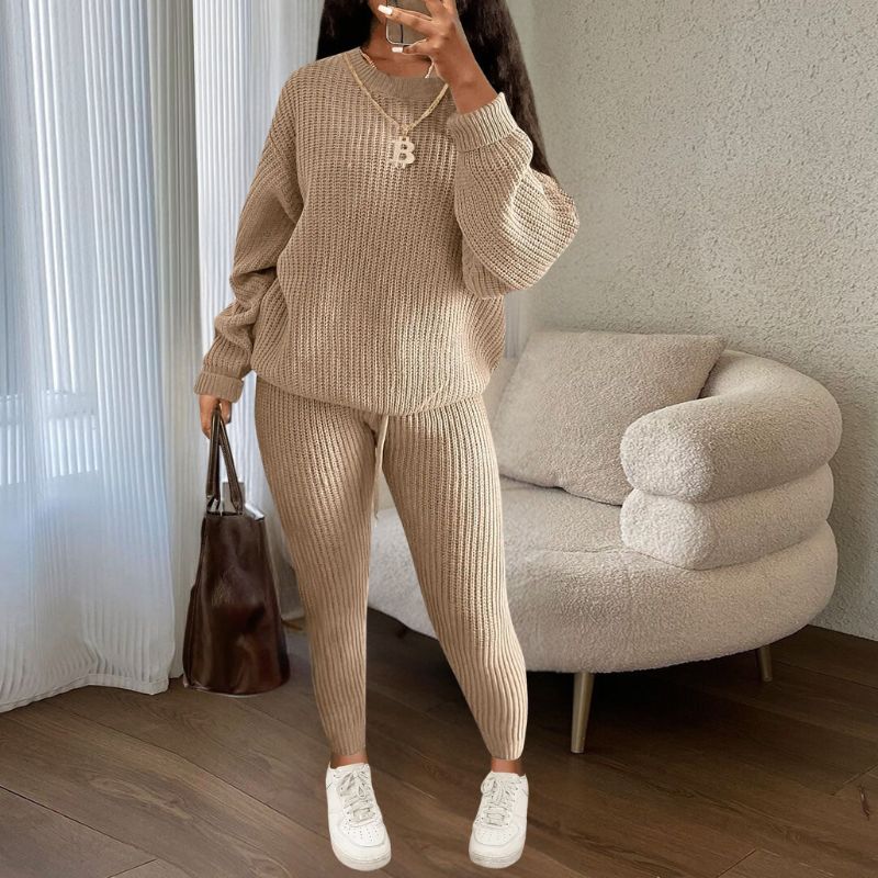 Solid Color Knit Pullover & Pants Set Khaki / XS