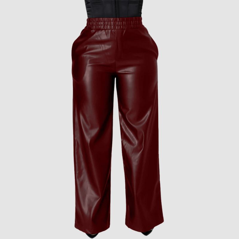 Solid Color Wide Leg PU Leather Pants Brown / L