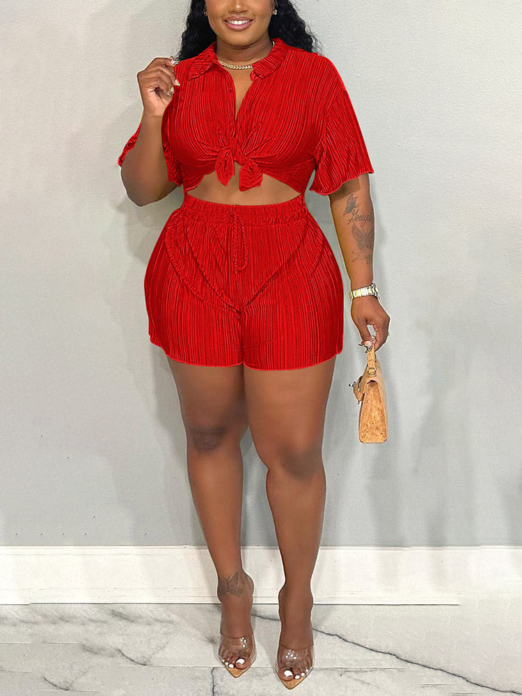 Plisse Shirt Shorts Set Red / L
