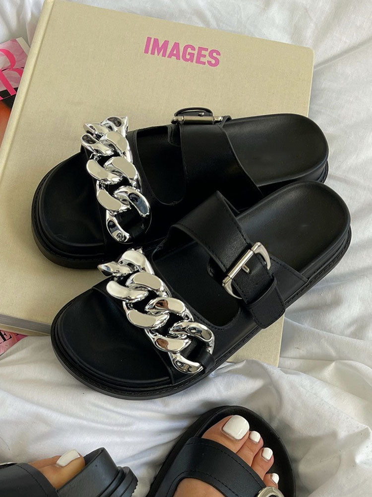 Chain Decor Double Buckles Sandals Khaki / 8.5
