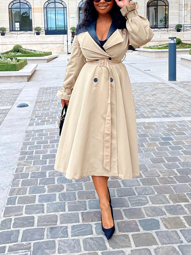 Leather Contrast Belted Trench Coat Khaki / L