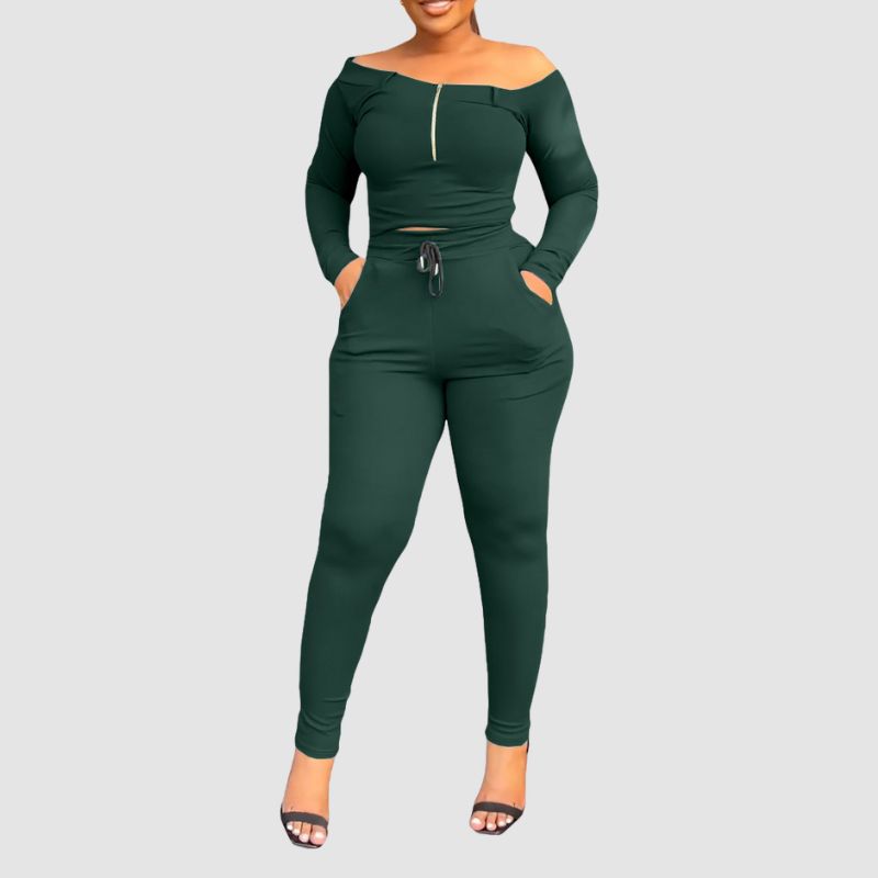 Off-Shoulder Bodycon Pants Set Green / S
