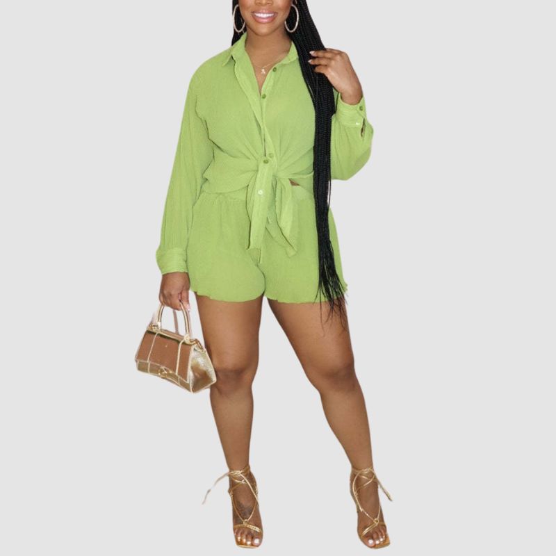 Solid Color Casual Shirts & Shorts Set Green / S