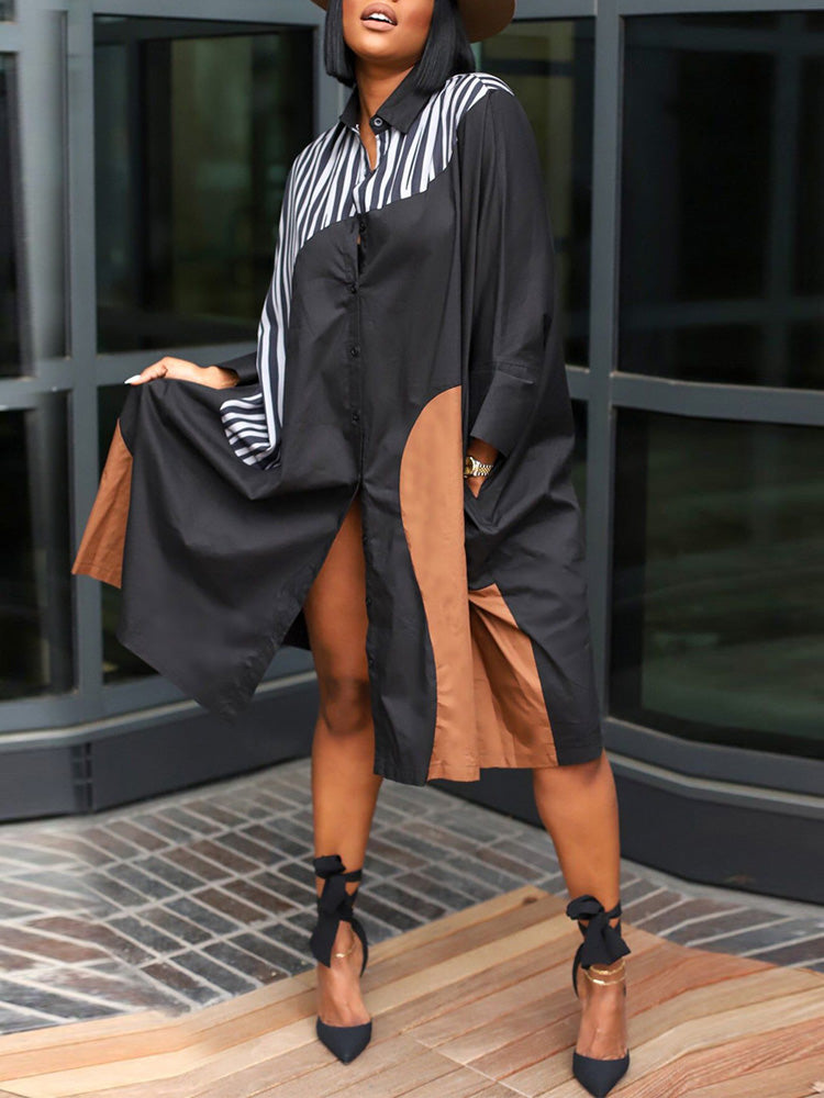 Colorblock Turndown Collar Shirt Dress Black / S