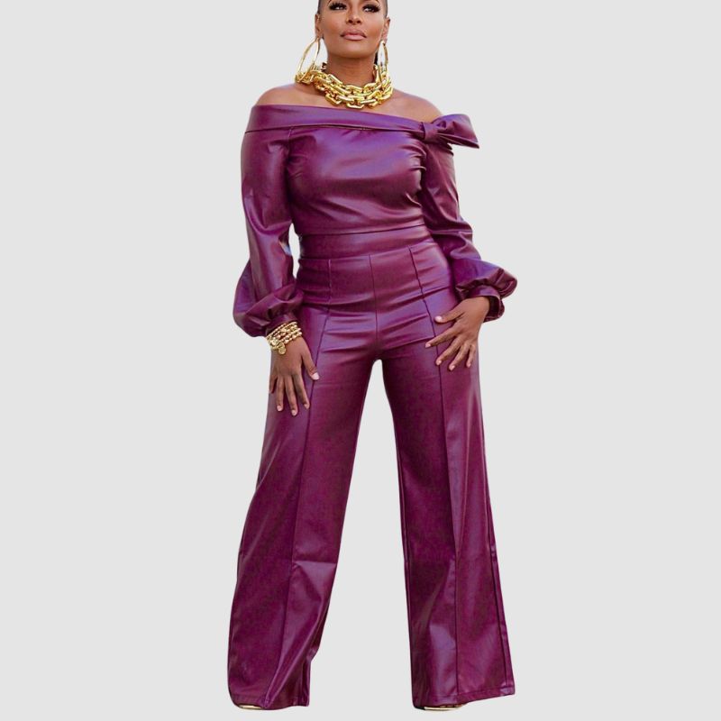 Off Shoulder PU Leather Set Wine / S