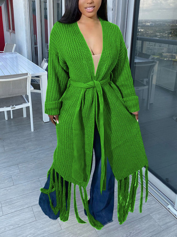 Knit Tassels With Belt Cardigan Green / L