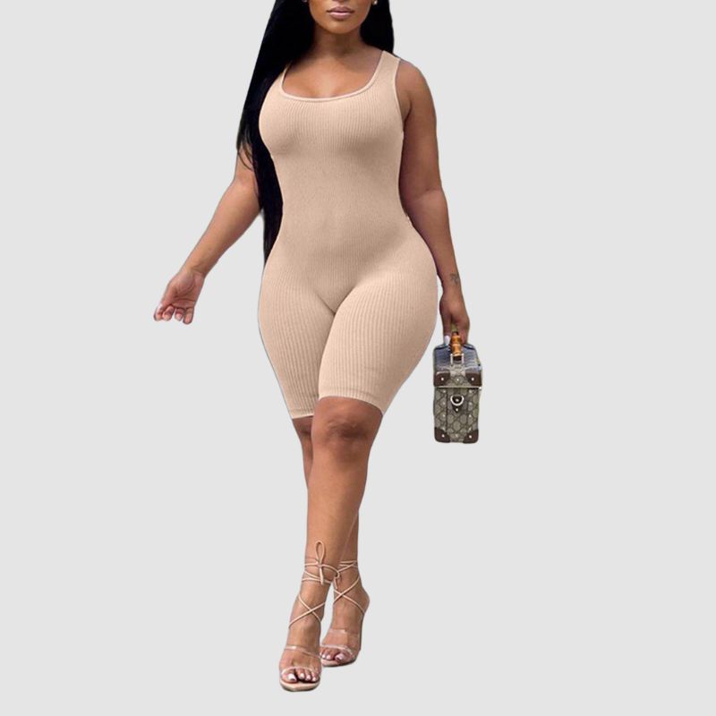Ribbed Knit Sleeveless Jumpsuit Khaki / S
