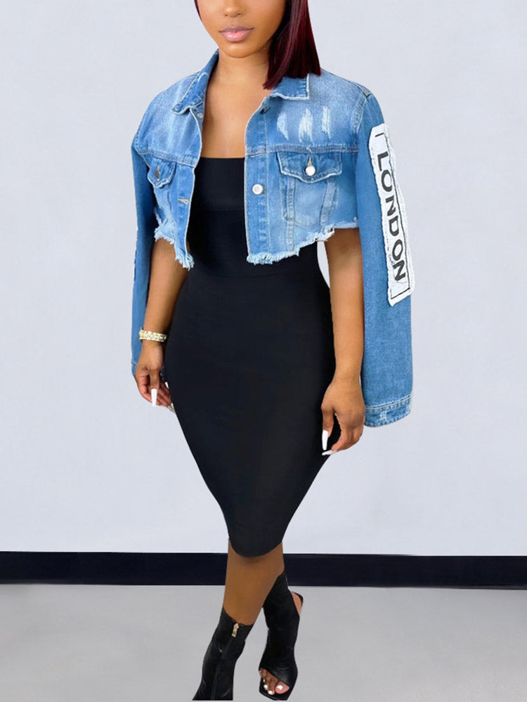Letter Print Denim Jacket Blue / L
