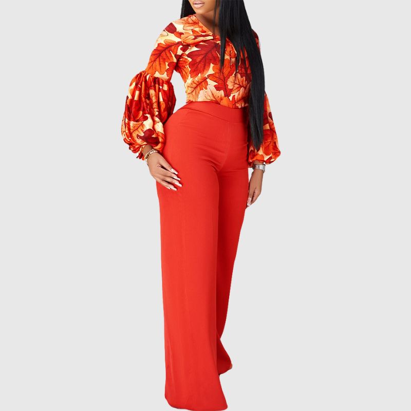 Flower Printed Wide Leg Pant Set Orange / S