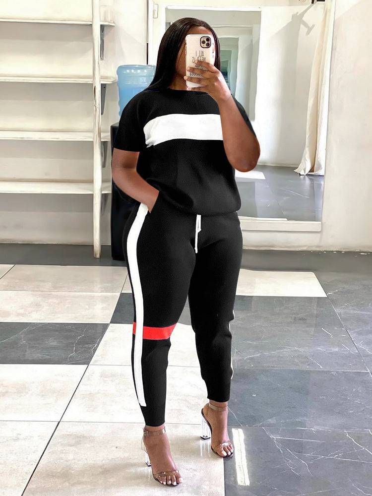 Stitching Striped Casual Style Set Black / M