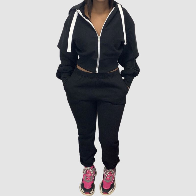 Solid Color Zip Hoodies Pant Set Pink / 2XL