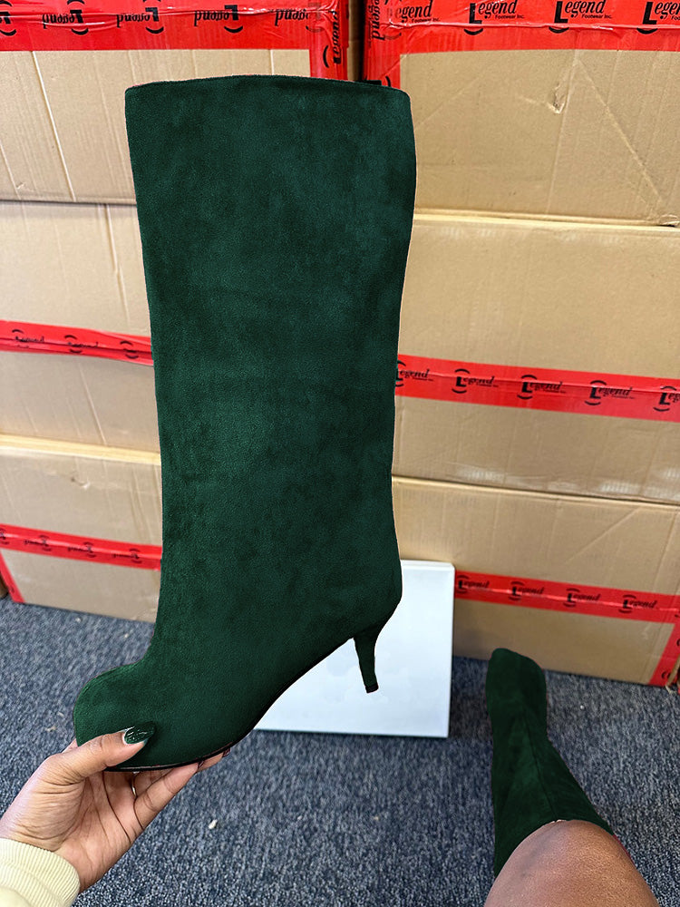Suede Wide Calf Square Toe Boots Dark Green / 6