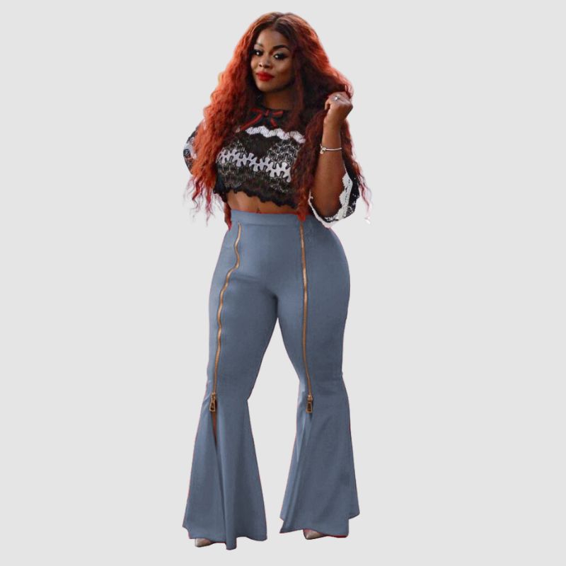 High Waist Bodycon Zip Decor Flared Pants Grey / S