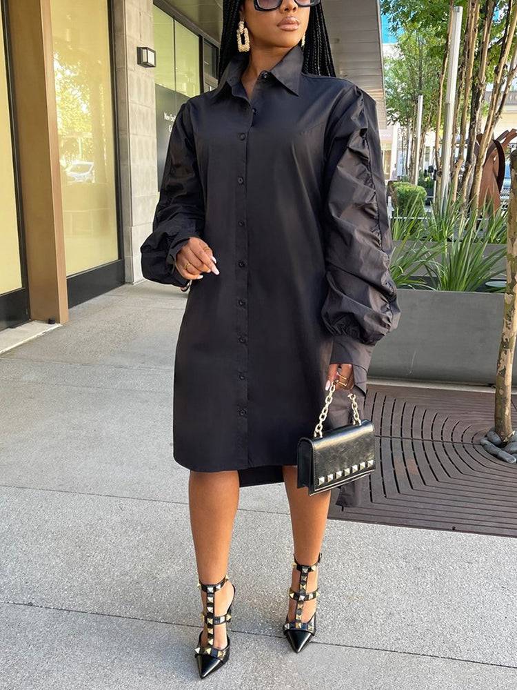 Turndown Collar Long Sleeve Shirt Dress Black / L