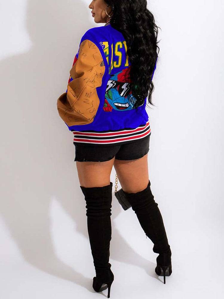 Printed Color Block Baseball Jacket Green / 2XL