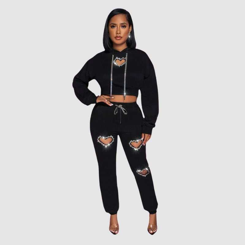 Heart-Shaped Hollow Hoodies Set Black / S