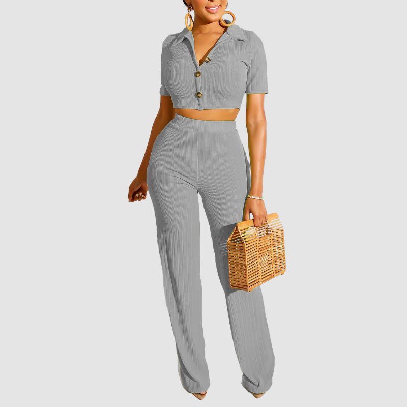 Lapel Crop Top & Long Pant Set Yellow / L