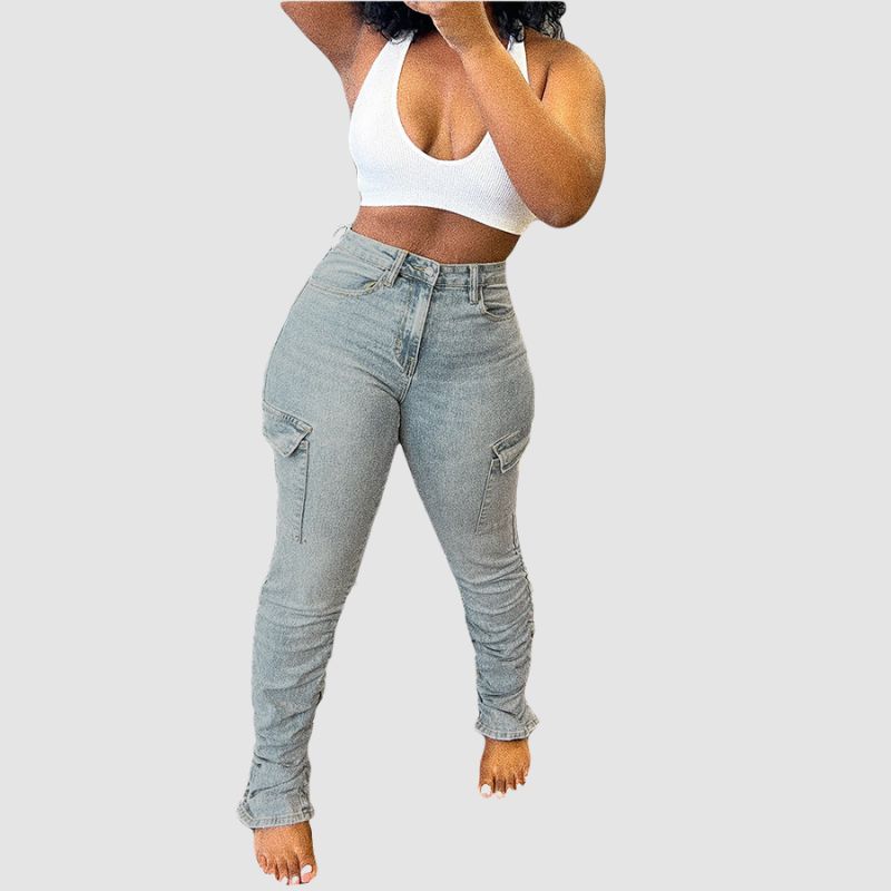 Side Pocket High Elasticity Jeans Light Blue / S
