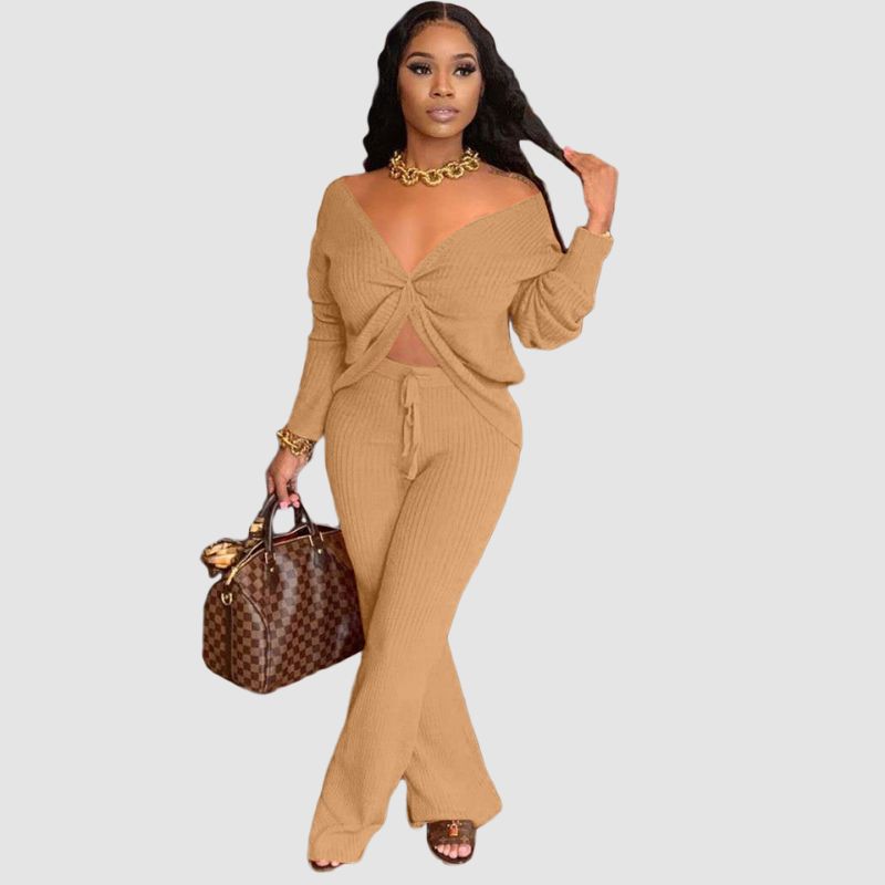 Thickened Ribbed Knit set Khaki / S