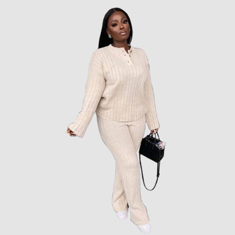 Solid Color Knitted Sweater Set White / L
