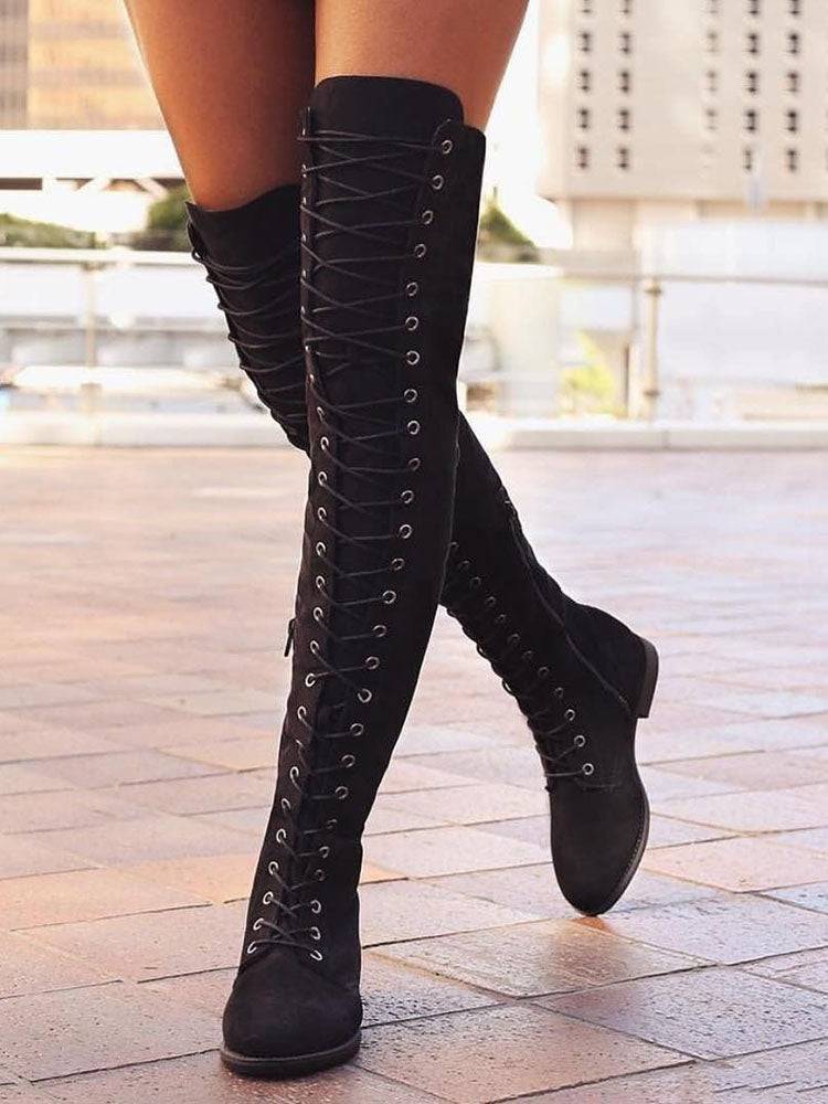 Lace Up Flat Suede Boots Black / 8.5
