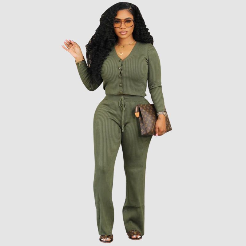 V-neck Crop Top & Drawstring Knit Pant set White / M