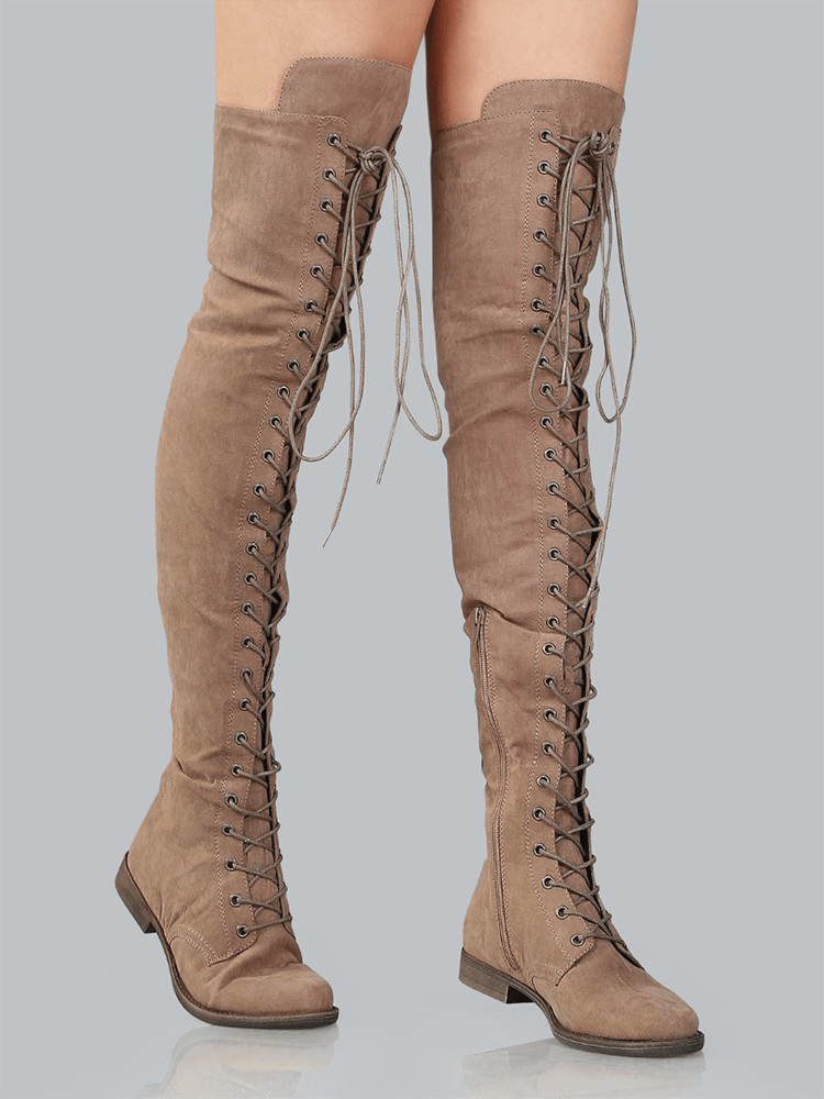 Lace Up Flat Suede Boots Khaki / 10