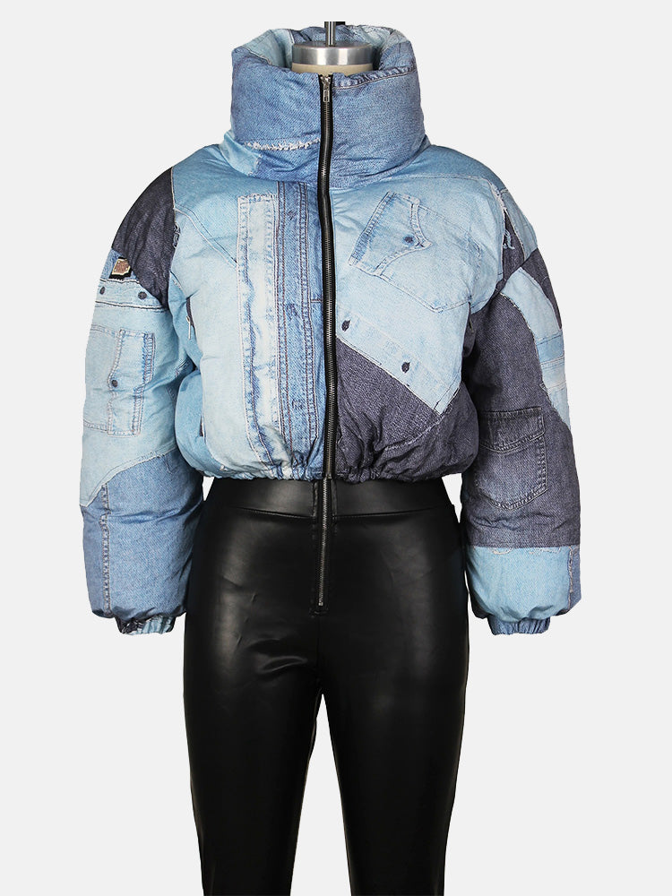 Denim Printed Puffer Jacket Blue / 2XL