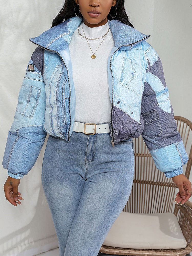 Denim Printed Puffer Jacket Blue / M