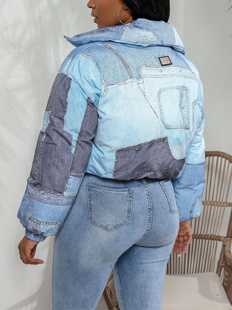 Denim Printed Puffer Jacket Blue / XL