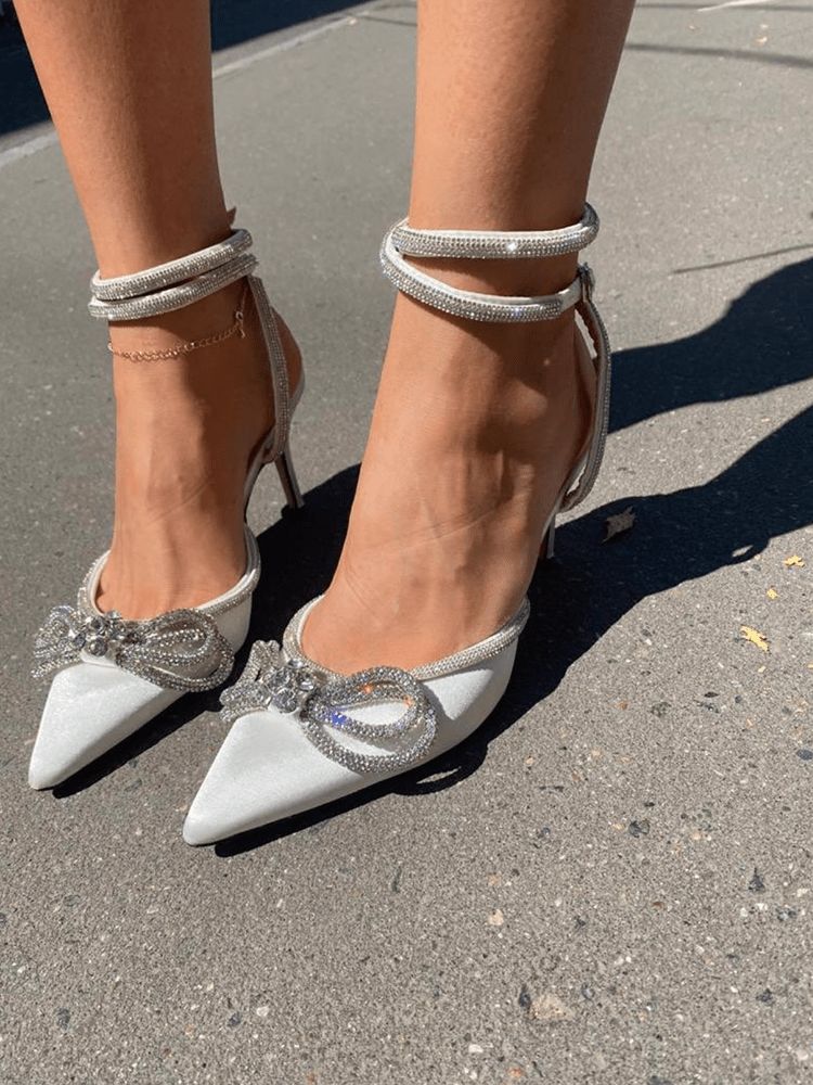 Rhinestone Bowknot Heel Pumps White / 10