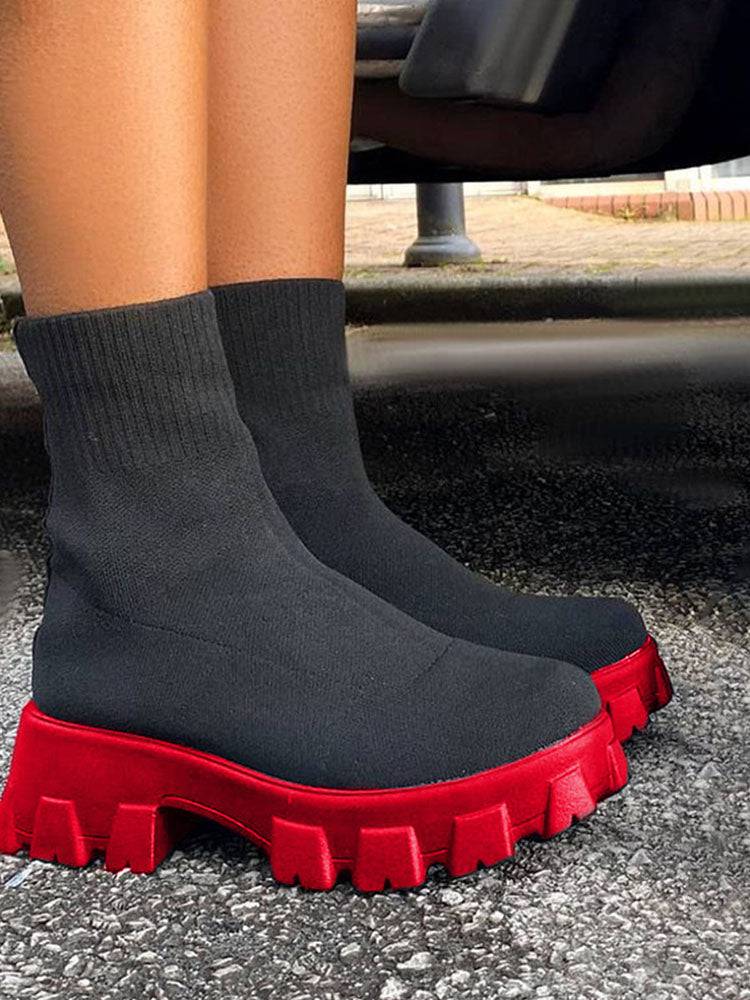 Chunky Sole Socks Boots Black Red / 6