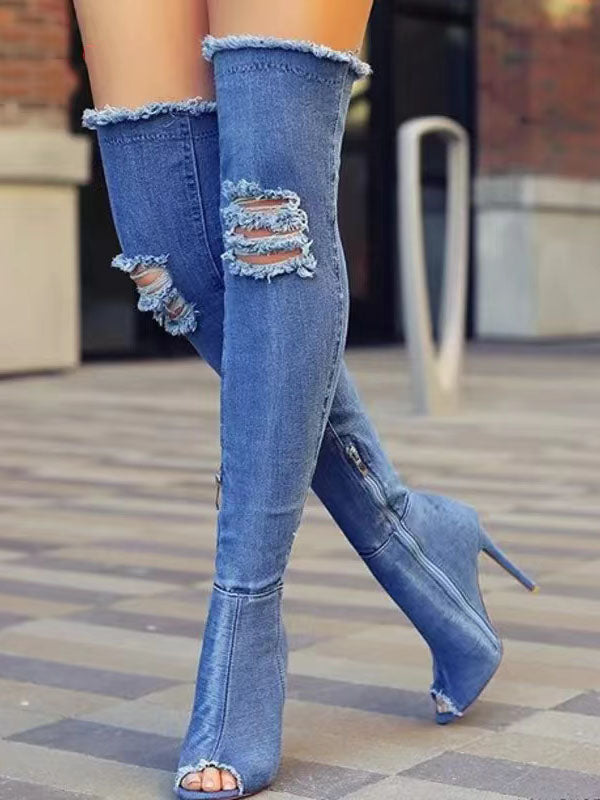 Peep Toe Over The Knee Denim Boots Blue / 5/5.5