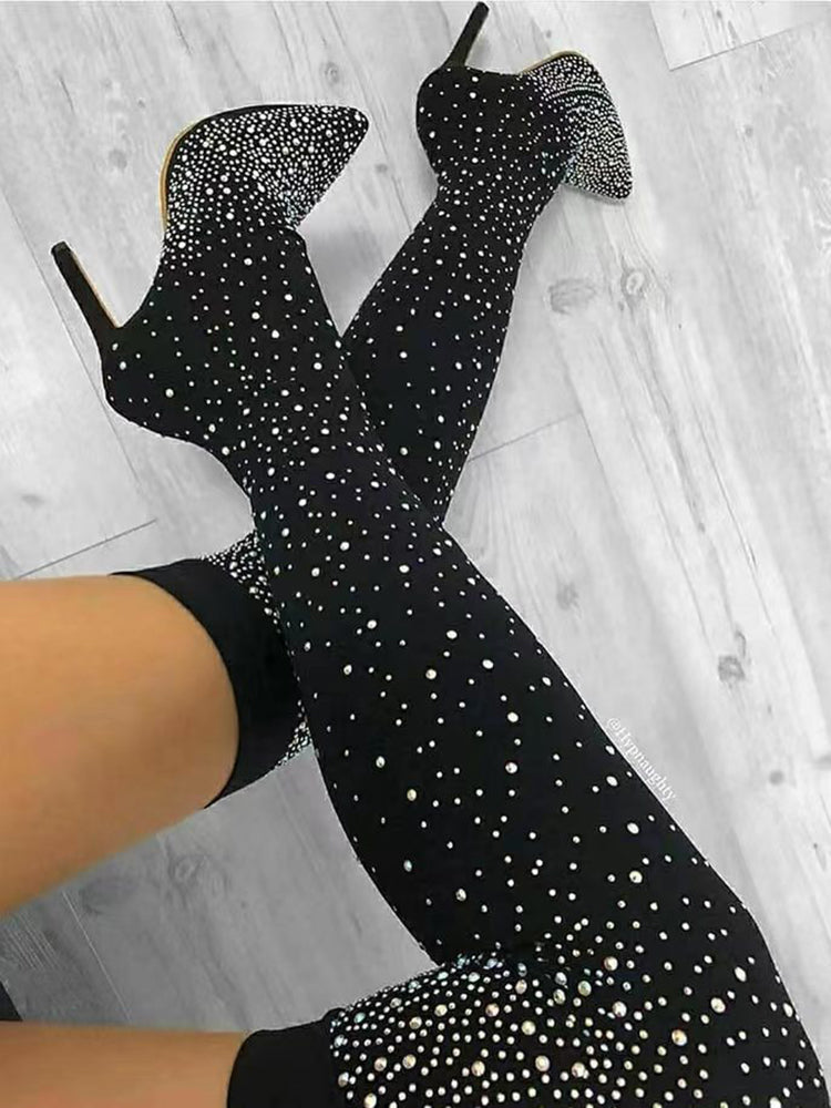 Rhinestone Decor Thigh High Boots Black / 5/5.5