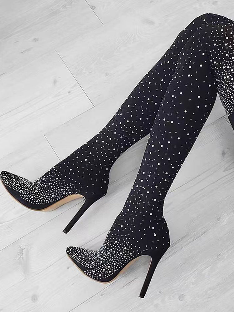 Rhinestone Decor Thigh High Boots Black / 8.5