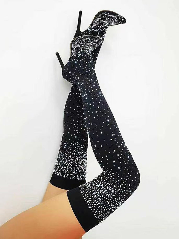Rhinestone Decor Thigh High Boots Black / 6.5/7