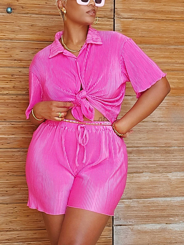 Plisse Shirt Shorts Set Red / M