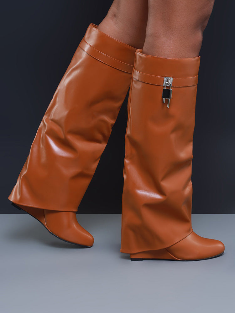 Lock & Key Leather Wedge Heel Boots White / 9/9.5