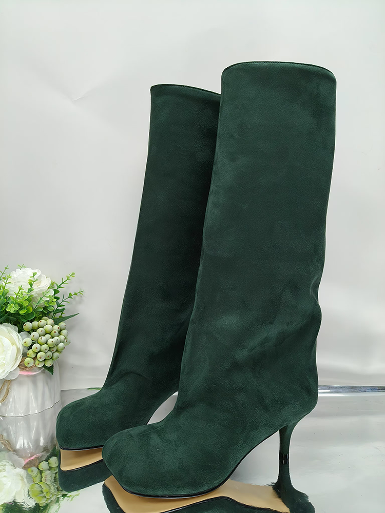 Suede Wide Calf Square Toe Boots Dark Green / 7.5/8