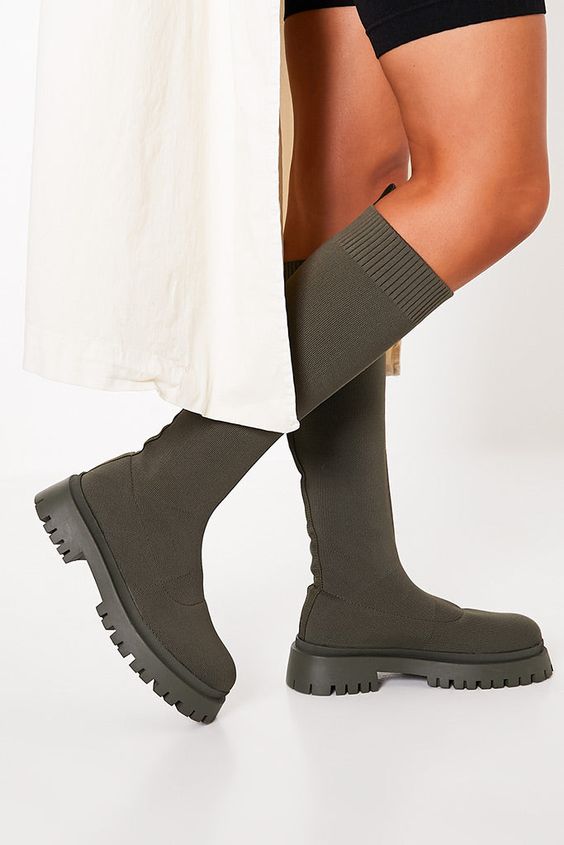 Knitted Flat Heel Sock Boots Green / 6