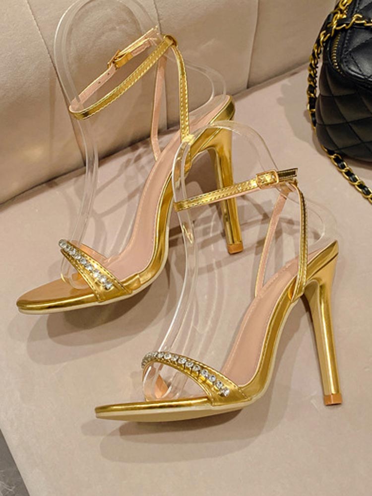 Rhinestone Ankle Strap Heels Gold / 8.5