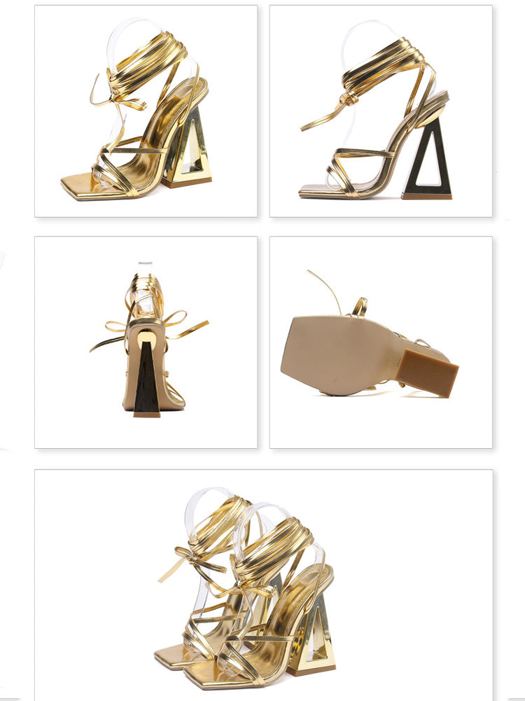 Geo Heel Square Toe Sandals Gold / 9/9.5