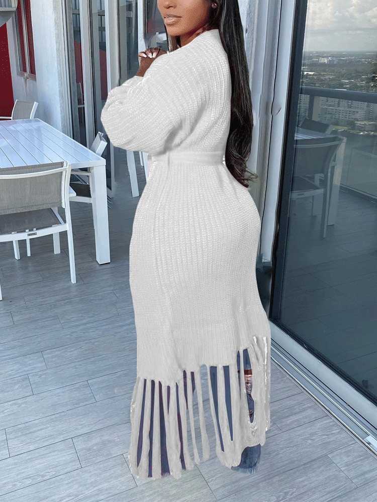 Knit Tassels With Belt Cardigan Rose / M